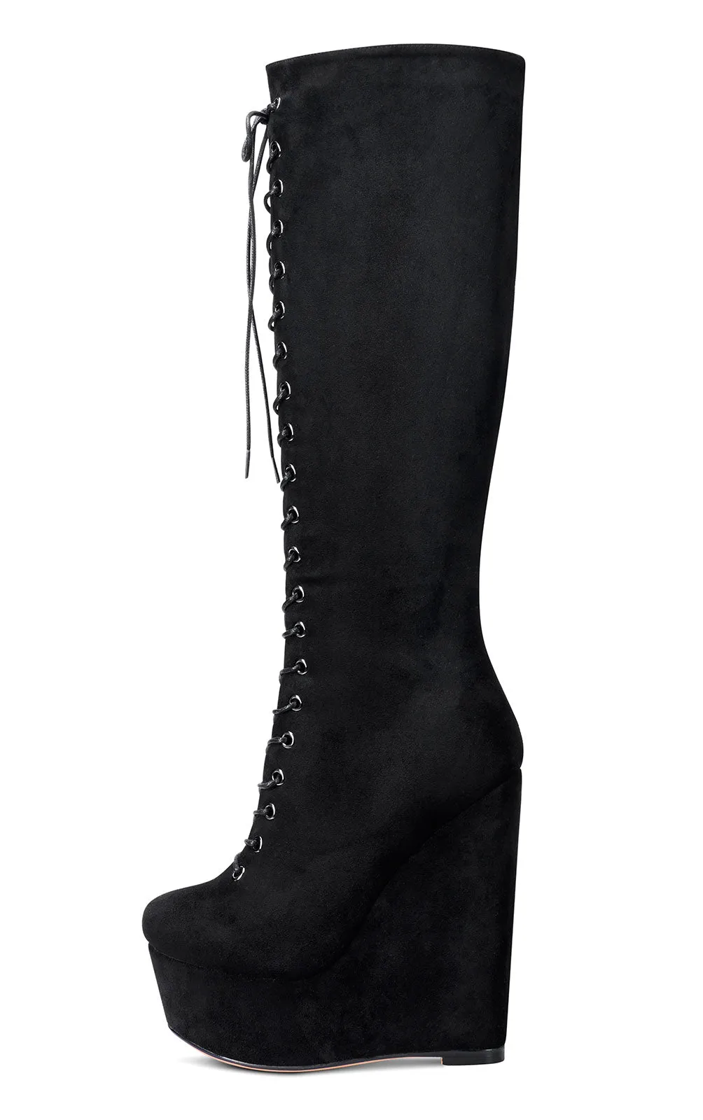 NobleOnly Women's High Heels Platform Wedge Mid Calf Boots Round-Toe Lace-Up Boot with Zipper Basic Office Boot 6" Heel Shoes
