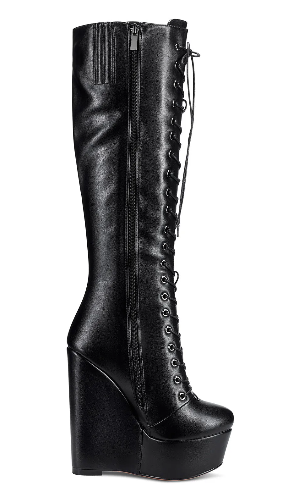 NobleOnly Women's High Heels Platform Wedge Mid Calf Boots Round-Toe Lace-Up Boot with Zipper Basic Office Boot 6" Heel Shoes