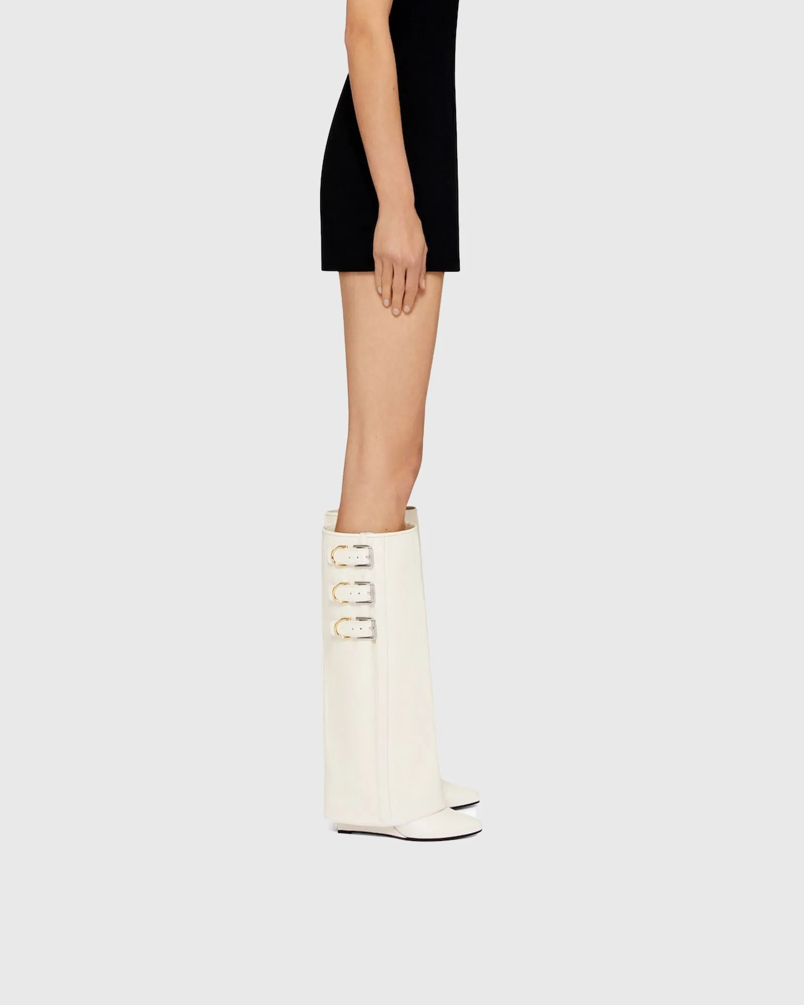 Oriana Buckle Wedge Knee High Boots In White