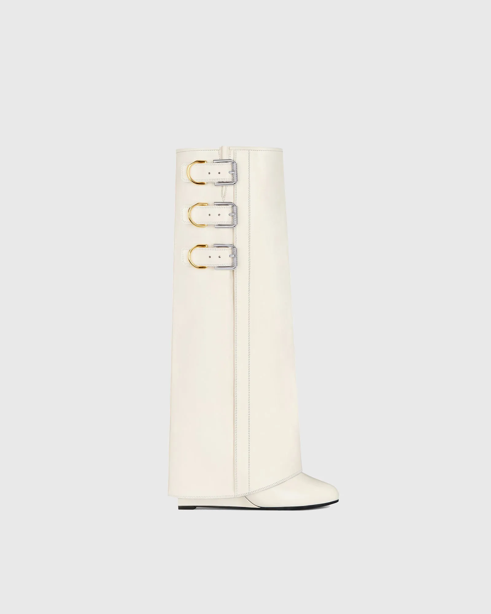 Oriana Buckle Wedge Knee High Boots In White