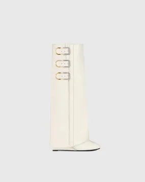 Oriana Buckle Wedge Knee High Boots In White