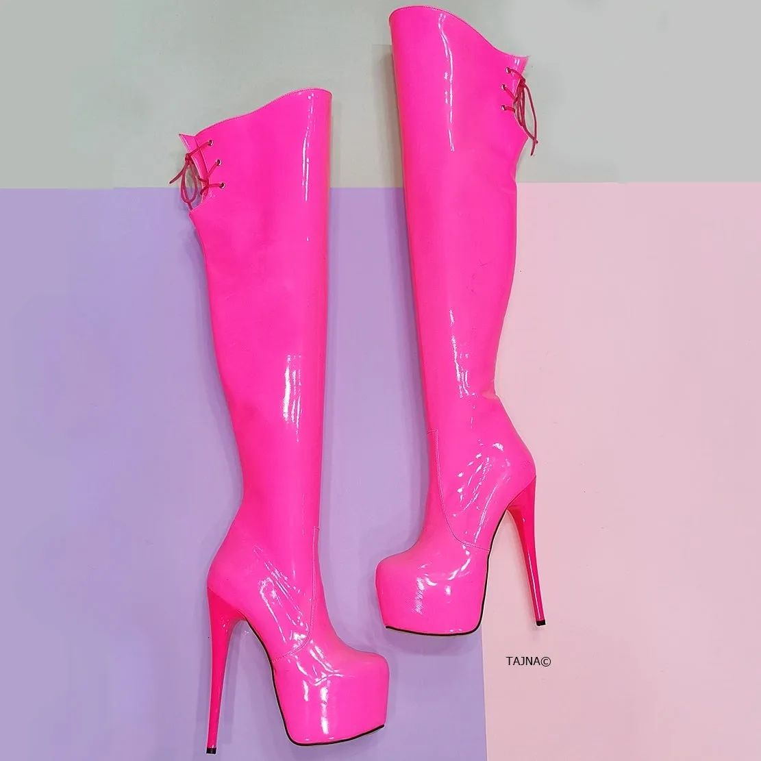 Pink Neon Knee High Platform Boots