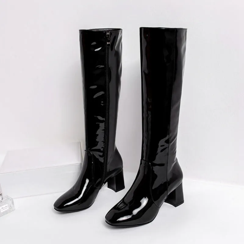 PU patent leather chunky heels knee high boots with side zipper