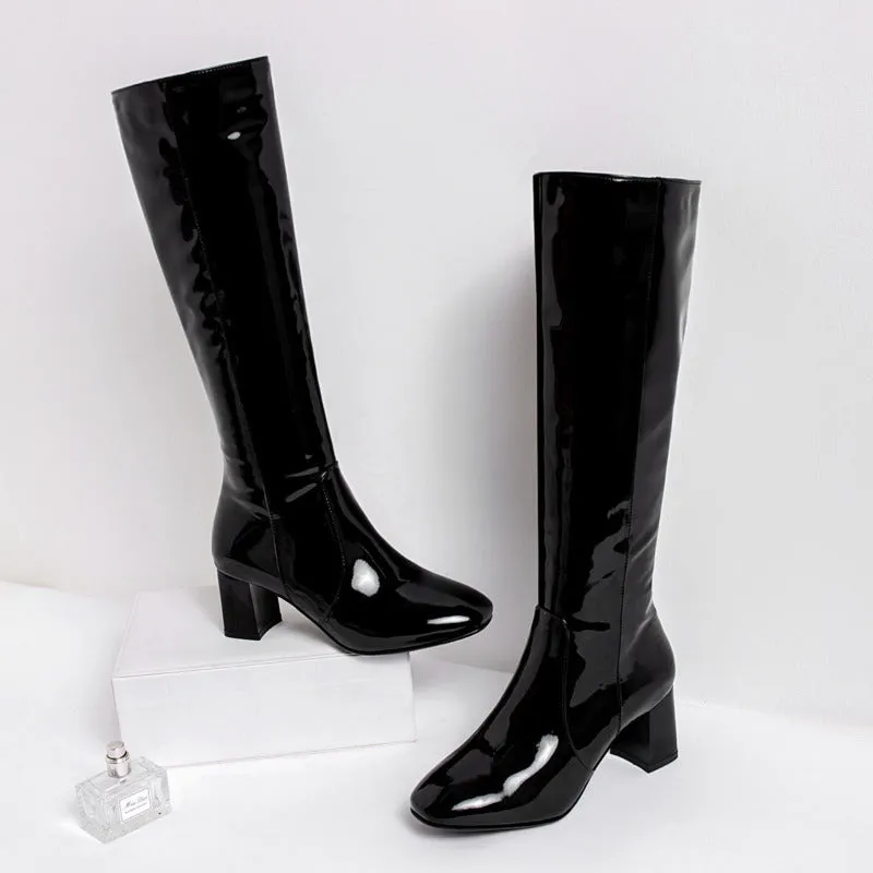 PU patent leather chunky heels knee high boots with side zipper