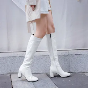 PU patent leather chunky heels knee high boots with side zipper