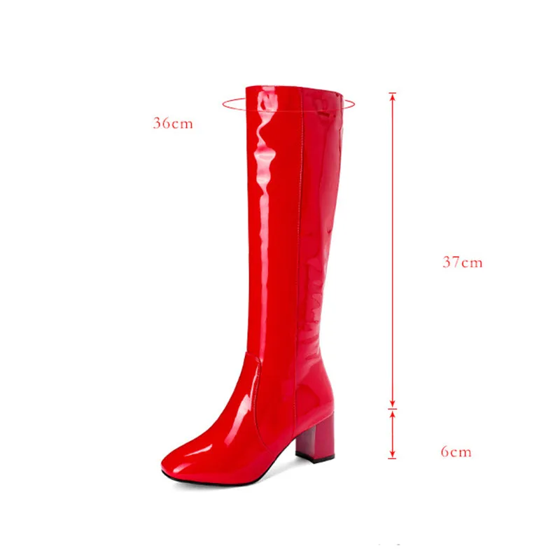 PU patent leather chunky heels knee high boots with side zipper