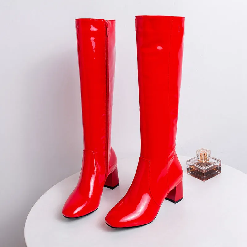 PU patent leather chunky heels knee high boots with side zipper