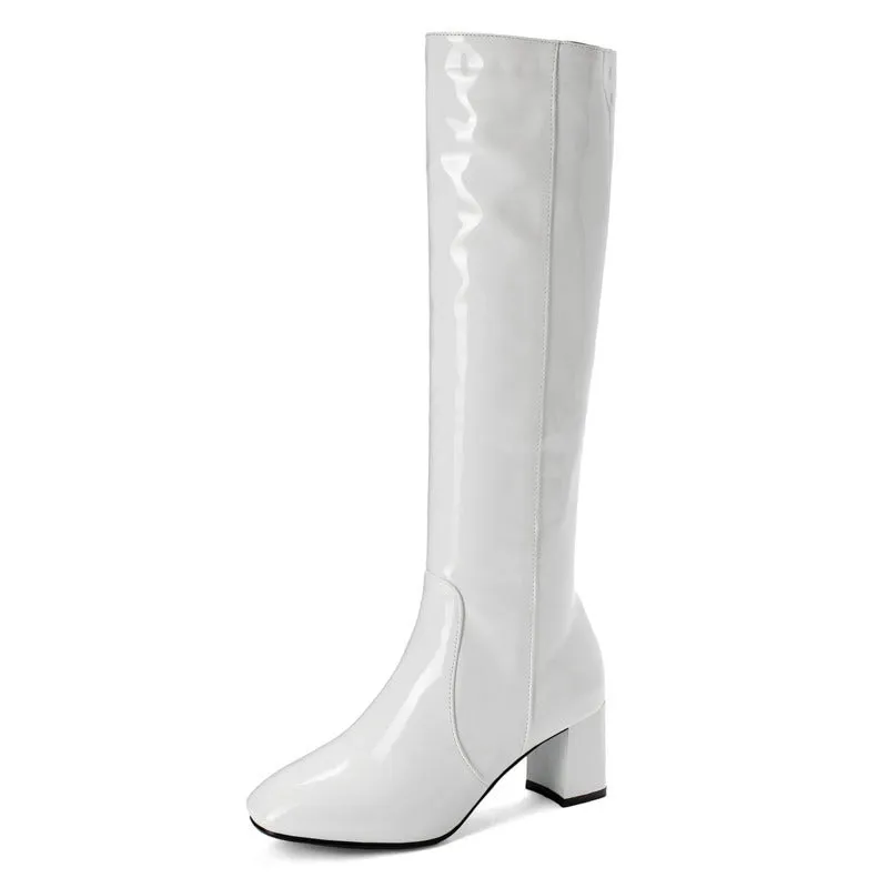 PU patent leather chunky heels knee high boots with side zipper