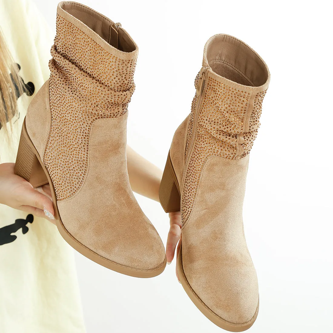 Rhinestone Studded Slouchy Ankle Boots