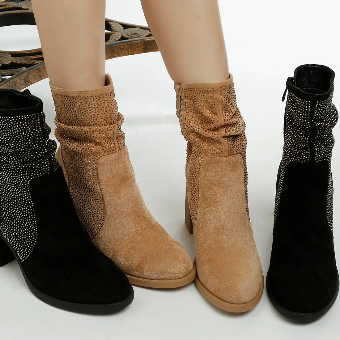 Rhinestone Studded Slouchy Ankle Boots