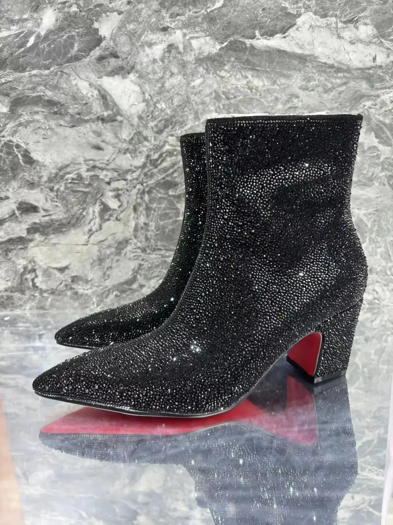 Rhinestone suede ankle high heeled red bottom Boots