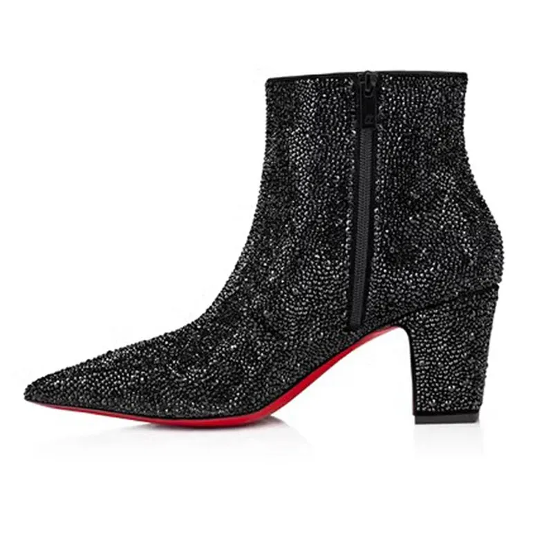 Rhinestone suede ankle high heeled red bottom Boots