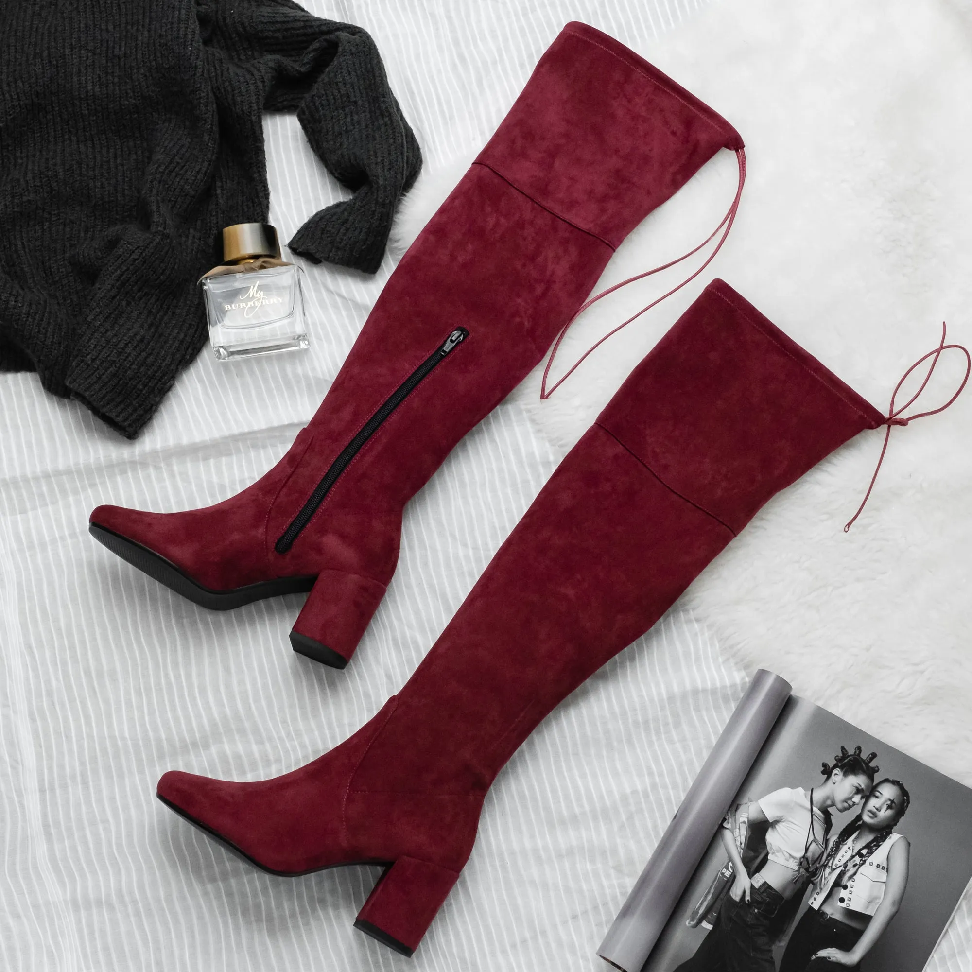 Saint Luisa Maroon Stretch Suede Above The Knee thigh high Boots