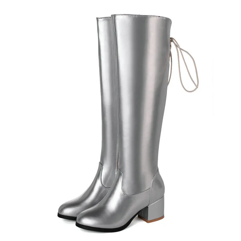Silver/gold metallic knee high boots with back tie-up