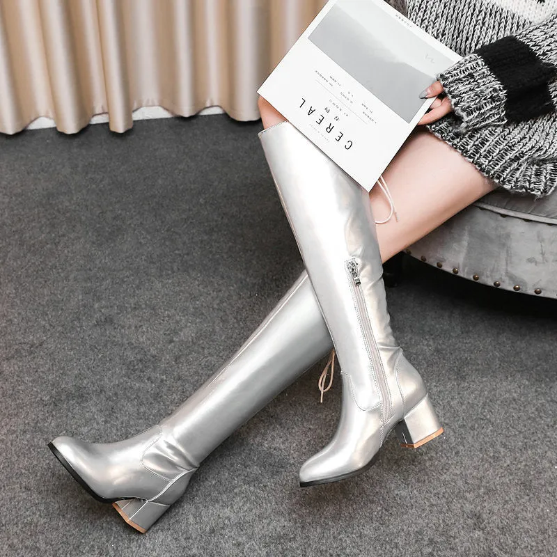 Silver/gold metallic knee high boots with back tie-up
