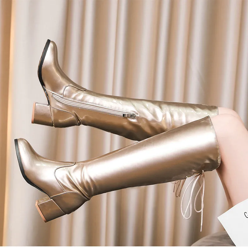 Silver/gold metallic knee high boots with back tie-up