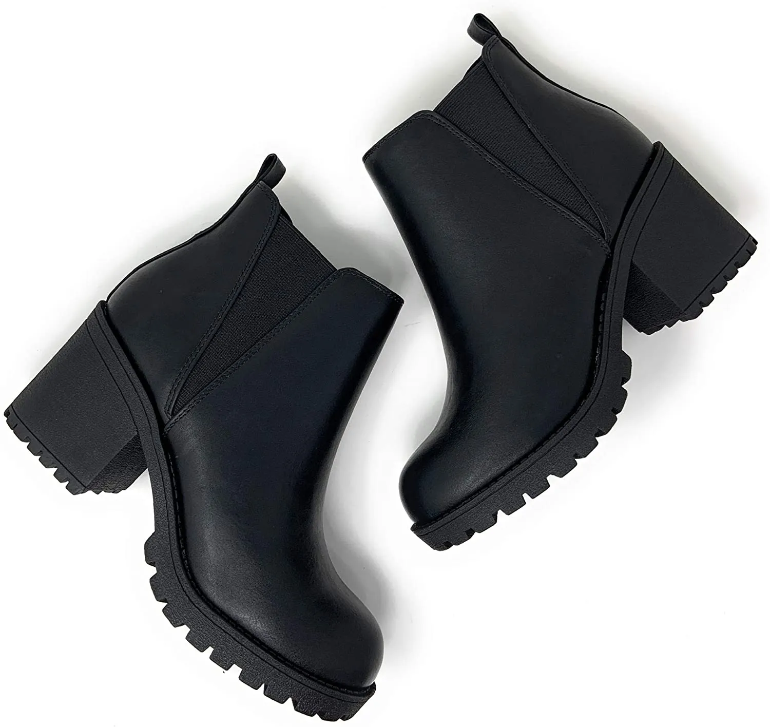 Soda Origami Lug Sole Mid Heel Fashion Ankle Bootie W/Double Elastic Gore Black (10, Black)