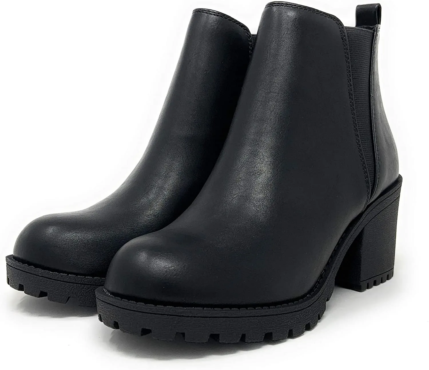 Soda Origami Lug Sole Mid Heel Fashion Ankle Bootie W/Double Elastic Gore Black (10, Black)