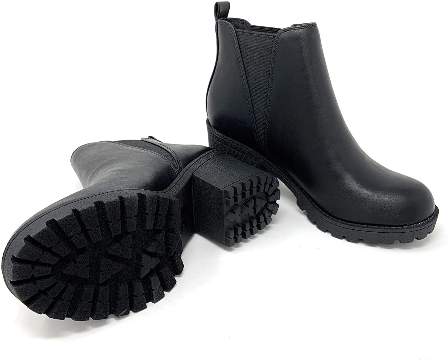 Soda Origami Lug Sole Mid Heel Fashion Ankle Bootie W/Double Elastic Gore Black (10, Black)