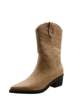 Solid Embossed PU Suede Leather Women Ankle Boots Pointed Toe Cowgirl Boots