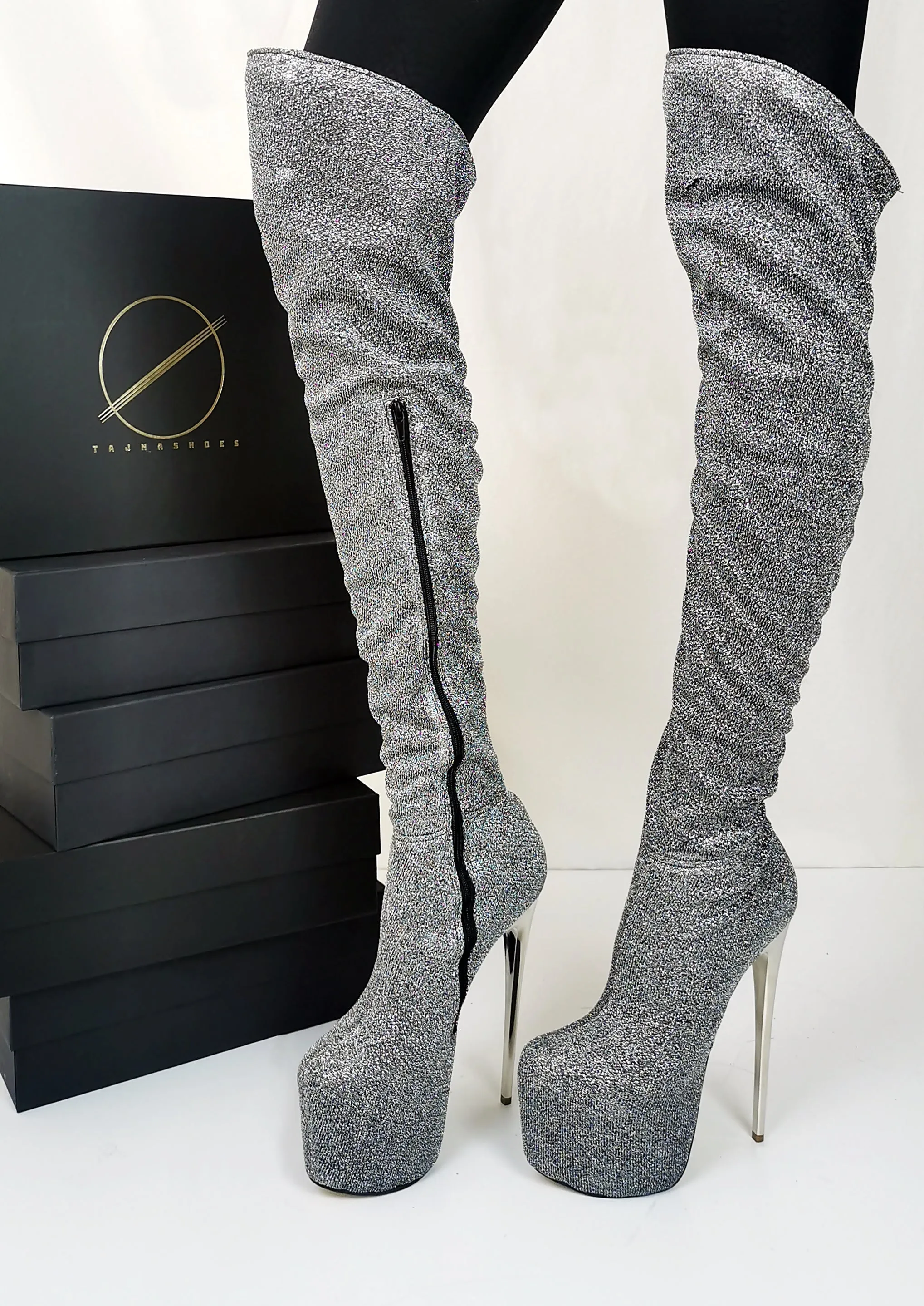 Stretch Shiny Silver Gray Boots