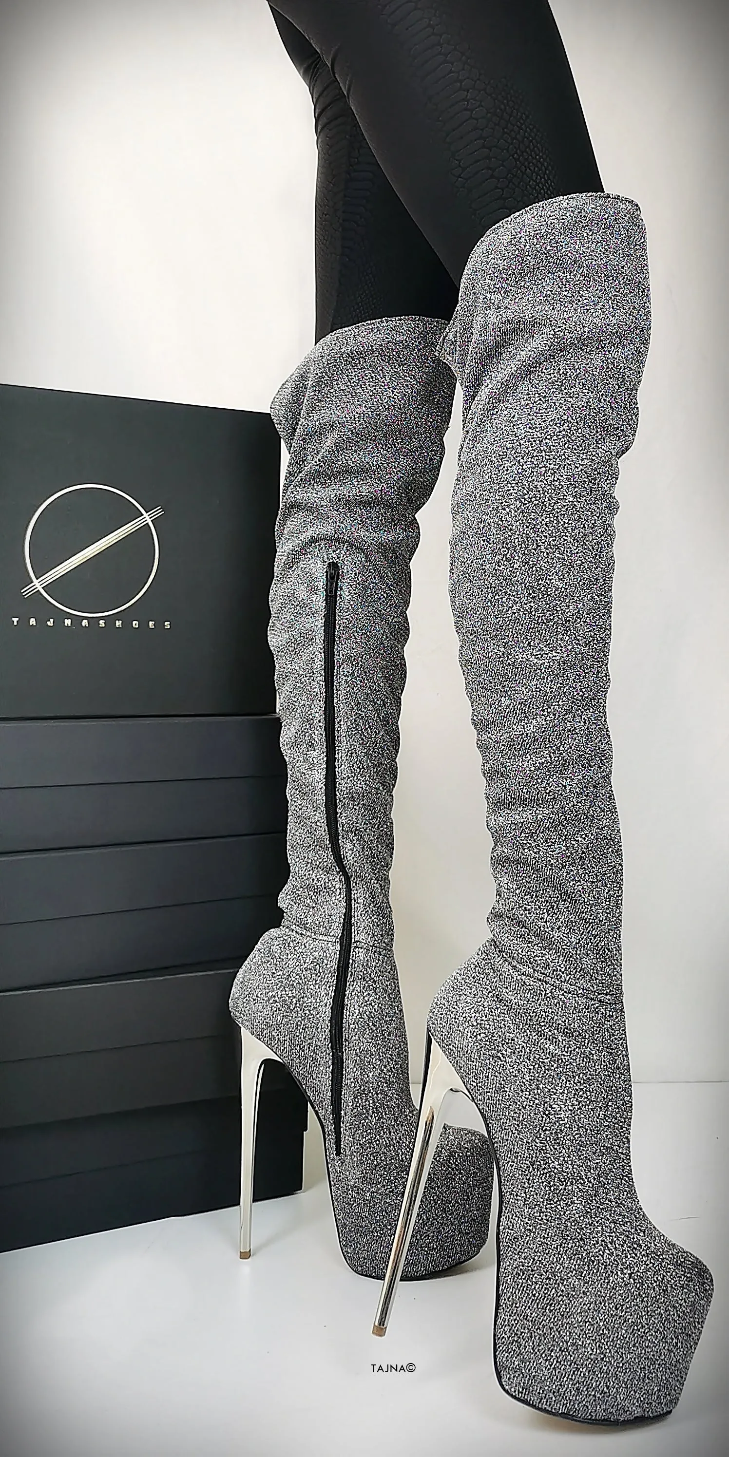 Stretch Shiny Silver Gray Boots