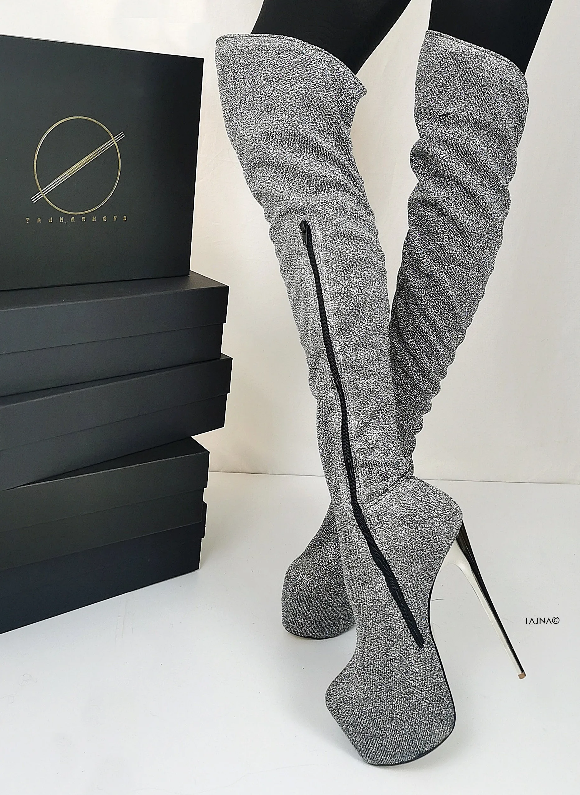 Stretch Shiny Silver Gray Boots