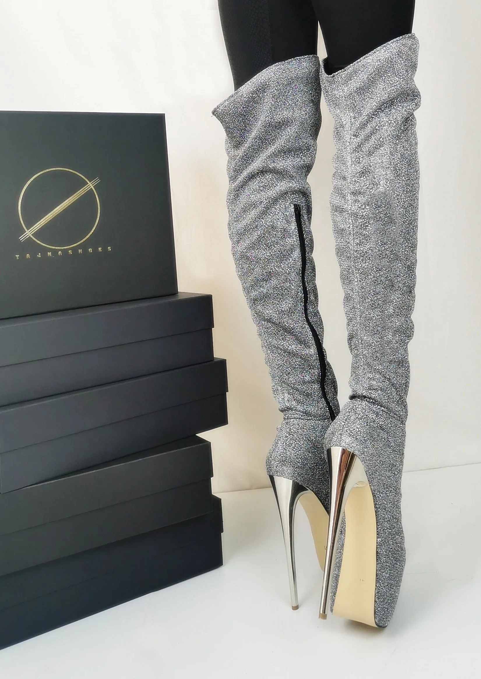 Stretch Shiny Silver Gray Boots