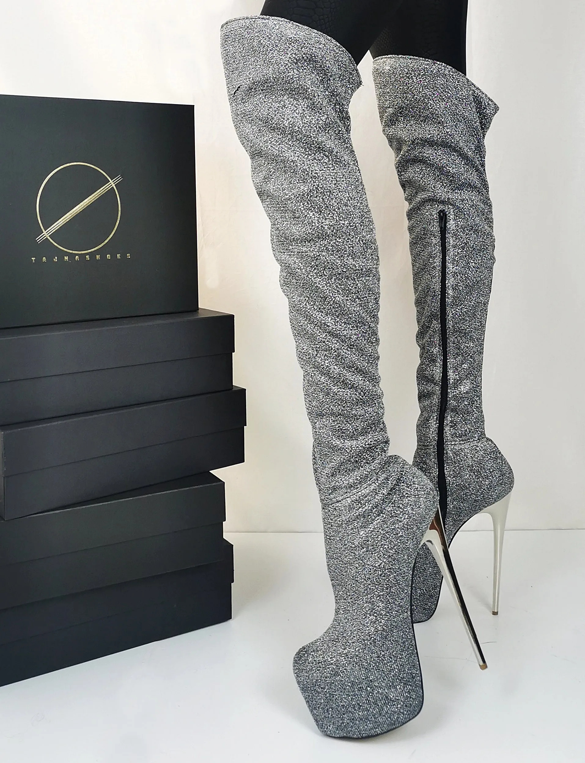Stretch Shiny Silver Gray Boots