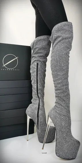 Stretch Shiny Silver Gray Boots