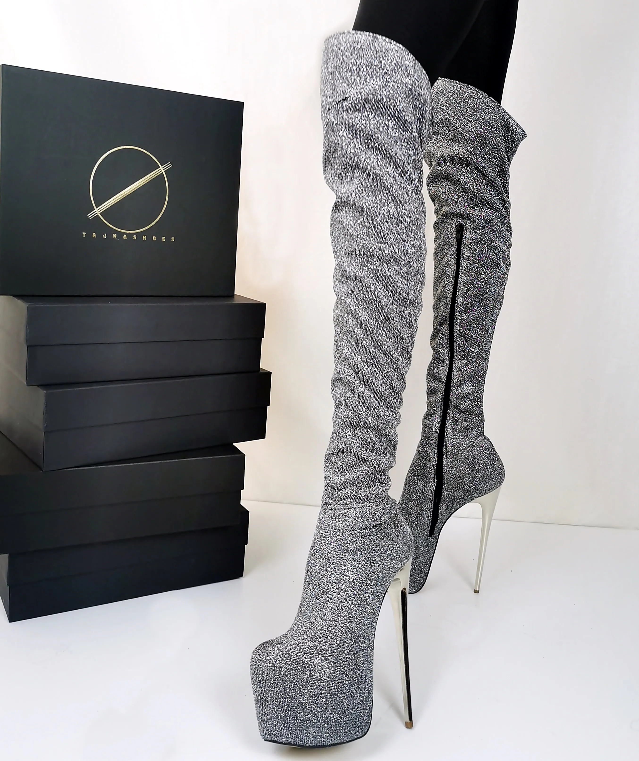 Stretch Shiny Silver Gray Boots