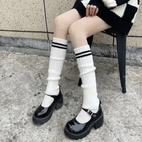 Striped Knee High Socks Rib Knit Tube Stockings Slouchy Crew Sock