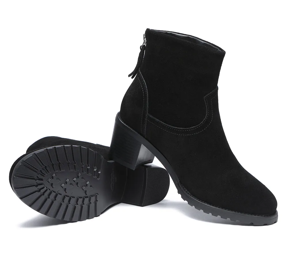 TARRAMARRA® Women Leather Sheepskin Wool Zipper Block Heel Black Ankle Boots Galena