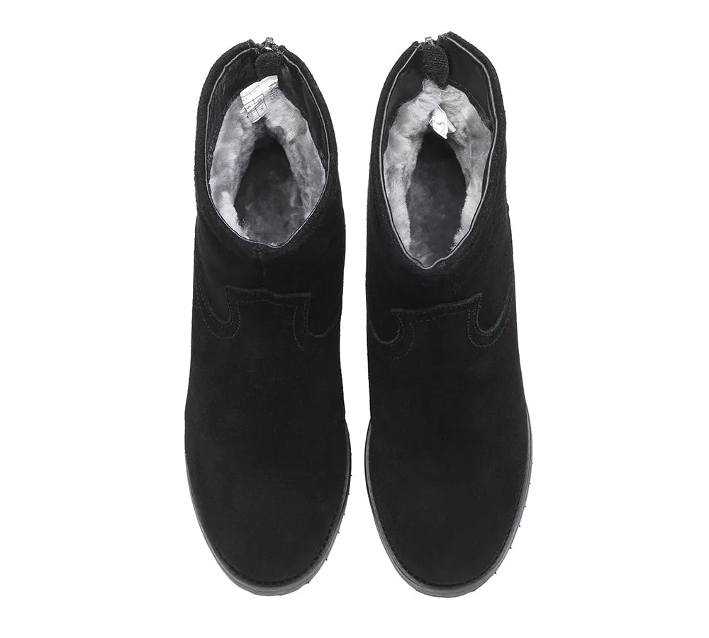 TARRAMARRA® Women Leather Sheepskin Wool Zipper Block Heel Black Ankle Boots Galena