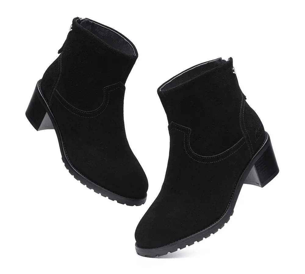 TARRAMARRA® Women Leather Sheepskin Wool Zipper Block Heel Black Ankle Boots Galena