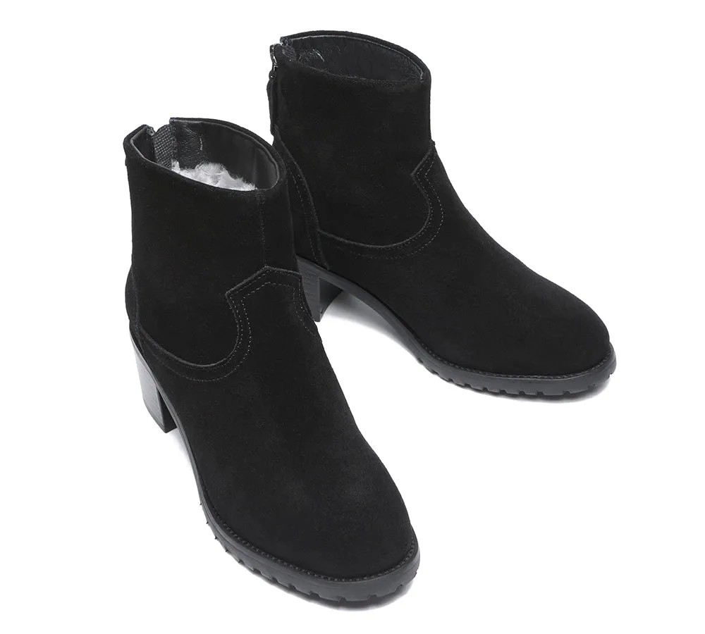 TARRAMARRA® Women Leather Sheepskin Wool Zipper Block Heel Black Ankle Boots Galena