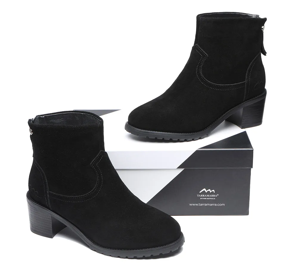 TARRAMARRA® Women Leather Sheepskin Wool Zipper Block Heel Black Ankle Boots Galena