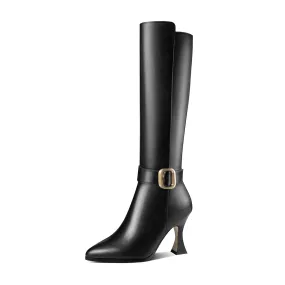 TinaCus Handmade Women's Genuine Leather High Heel Side Zip Up Belt Decor Pointed Toe Black Knee-High Boots