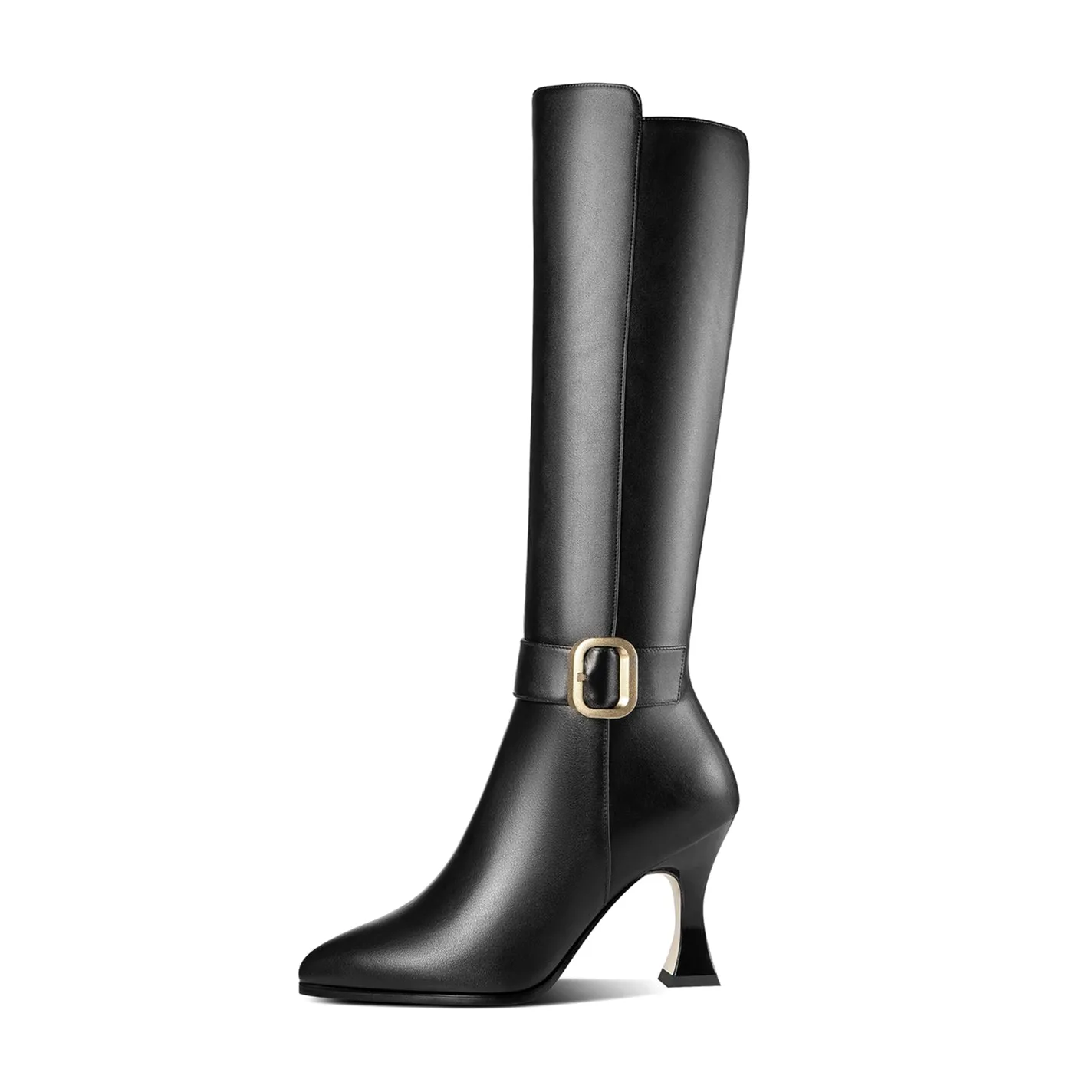 TinaCus Handmade Women's Genuine Leather High Heel Side Zip Up Belt Decor Pointed Toe Black Knee-High Boots