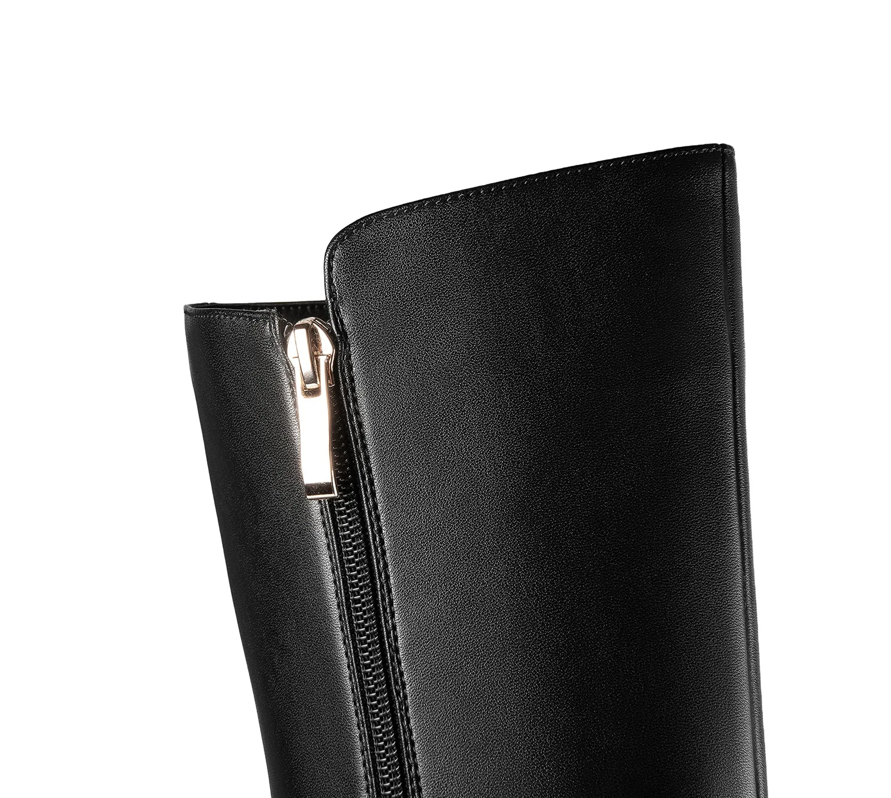 TinaCus Handmade Women's Genuine Leather High Heel Side Zip Up Belt Decor Pointed Toe Black Knee-High Boots