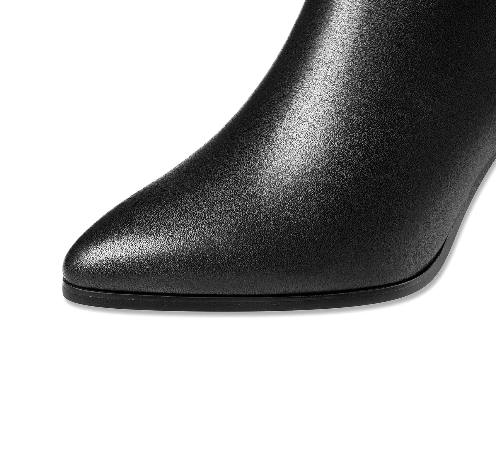 TinaCus Handmade Women's Genuine Leather High Heel Side Zip Up Belt Decor Pointed Toe Black Knee-High Boots