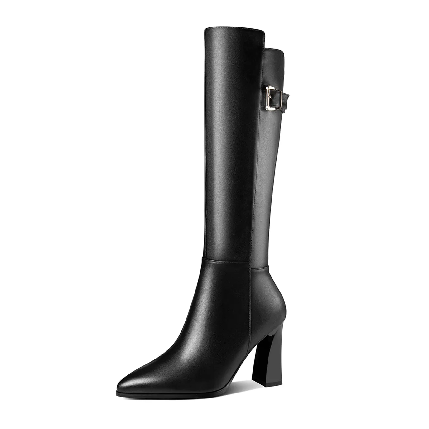 TinaCus Handmade Women's Genuine Leather Trendy Spool Heel Side Zip Up Chic Buckle Decor Pointed Toe Dress Boots