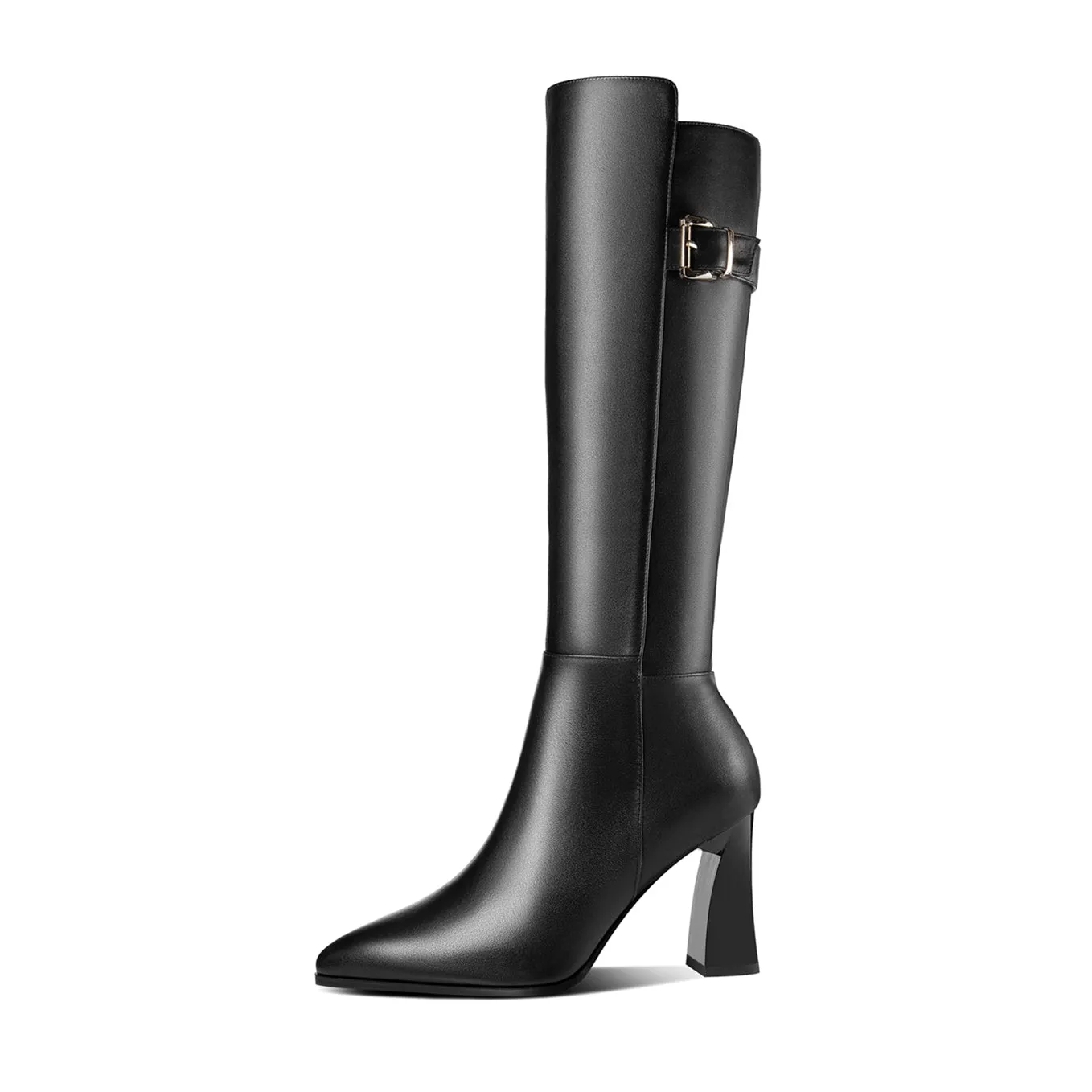 TinaCus Handmade Women's Genuine Leather Trendy Spool Heel Side Zip Up Chic Buckle Decor Pointed Toe Dress Boots