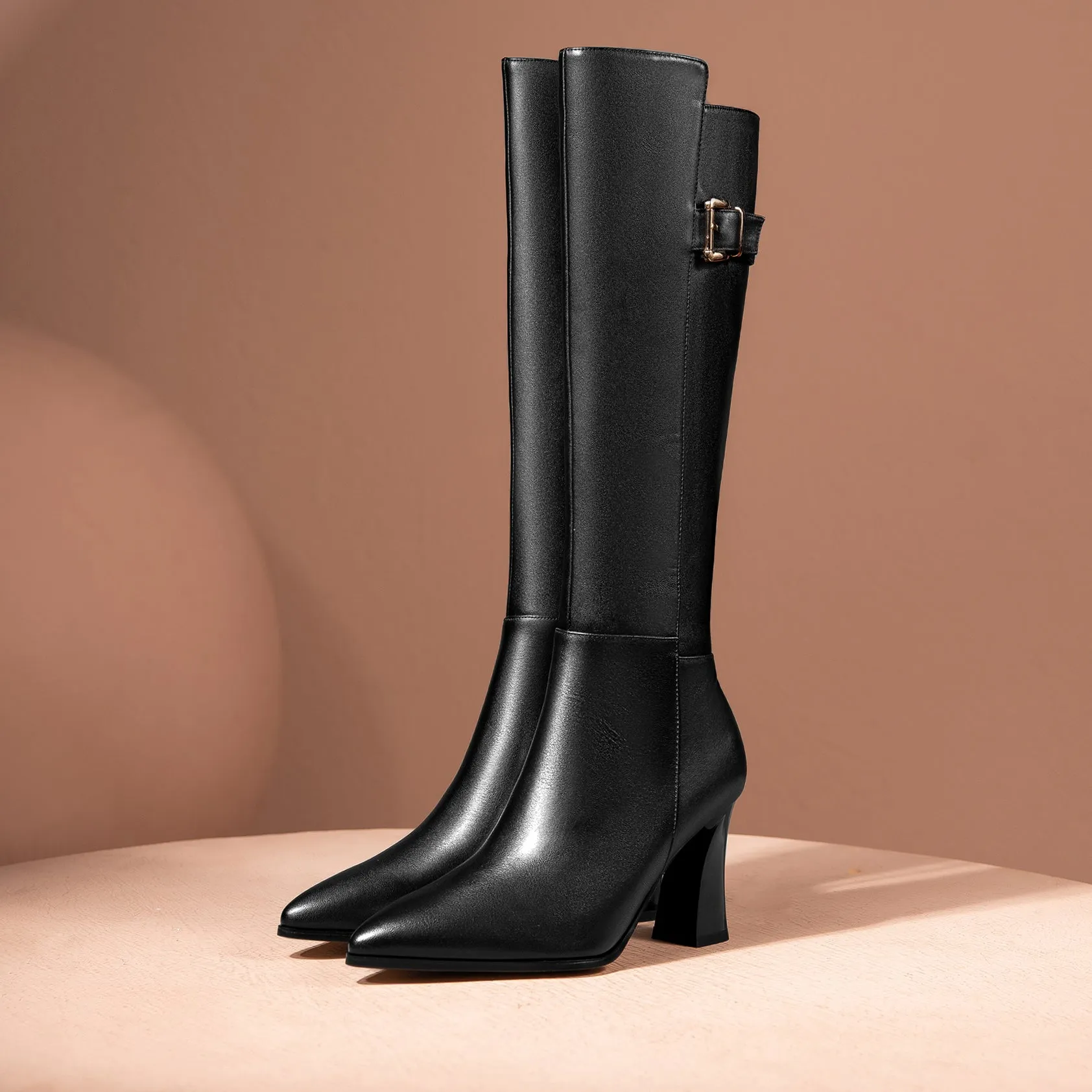 TinaCus Handmade Women's Genuine Leather Trendy Spool Heel Side Zip Up Chic Buckle Decor Pointed Toe Dress Boots