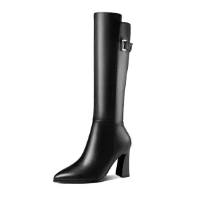 TinaCus Handmade Women's Genuine Leather Trendy Spool Heel Side Zip Up Chic Buckle Decor Pointed Toe Dress Boots