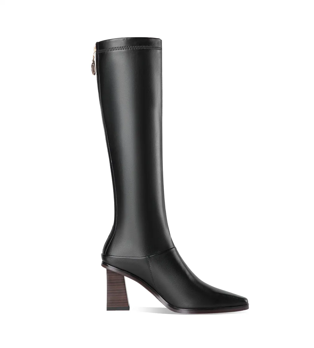 TinaCus Women's Handmade Genuine Leather Littele Square Toe Mid Block Heel Zip Up Knee High Boots with Exquisite Puller