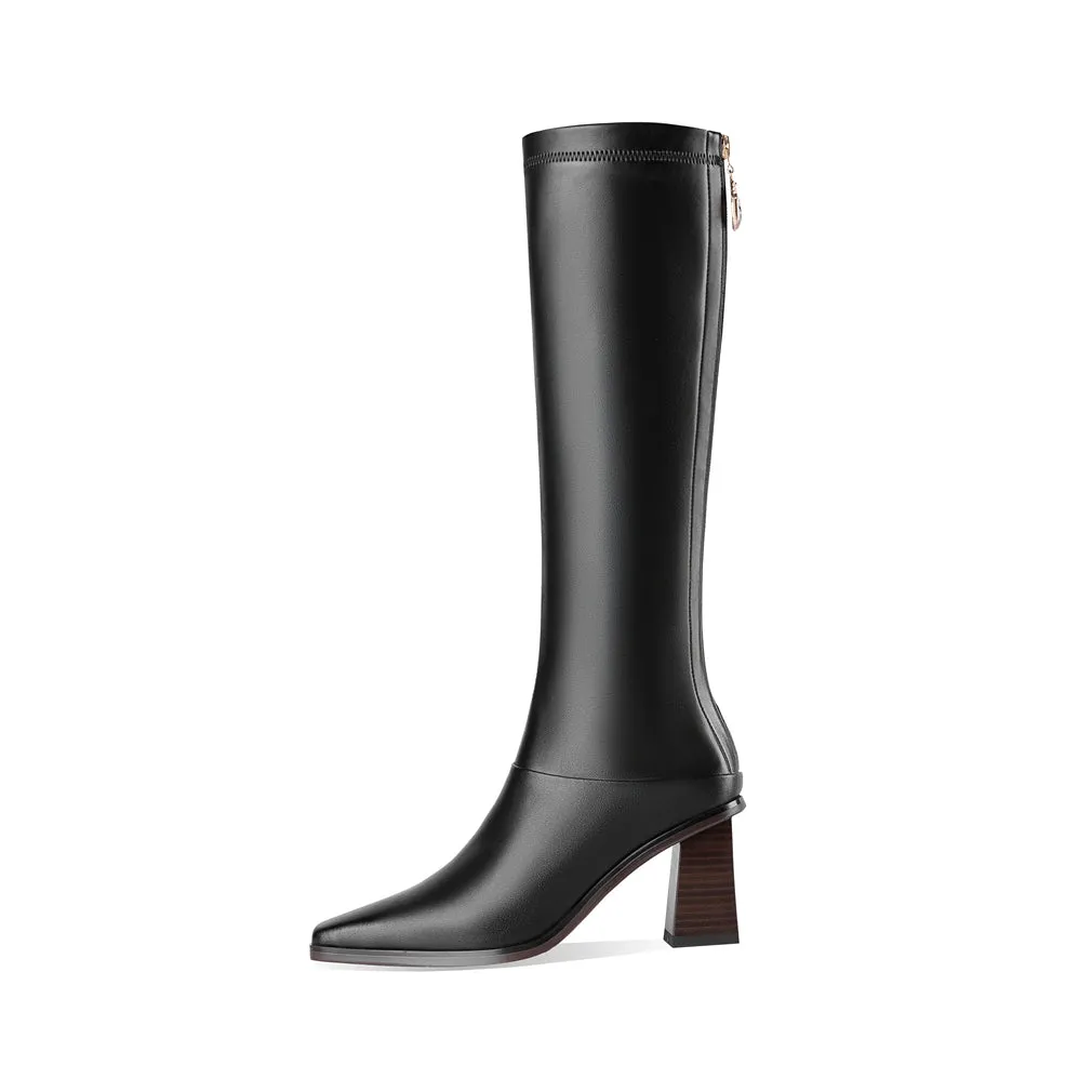 TinaCus Women's Handmade Genuine Leather Littele Square Toe Mid Block Heel Zip Up Knee High Boots with Exquisite Puller
