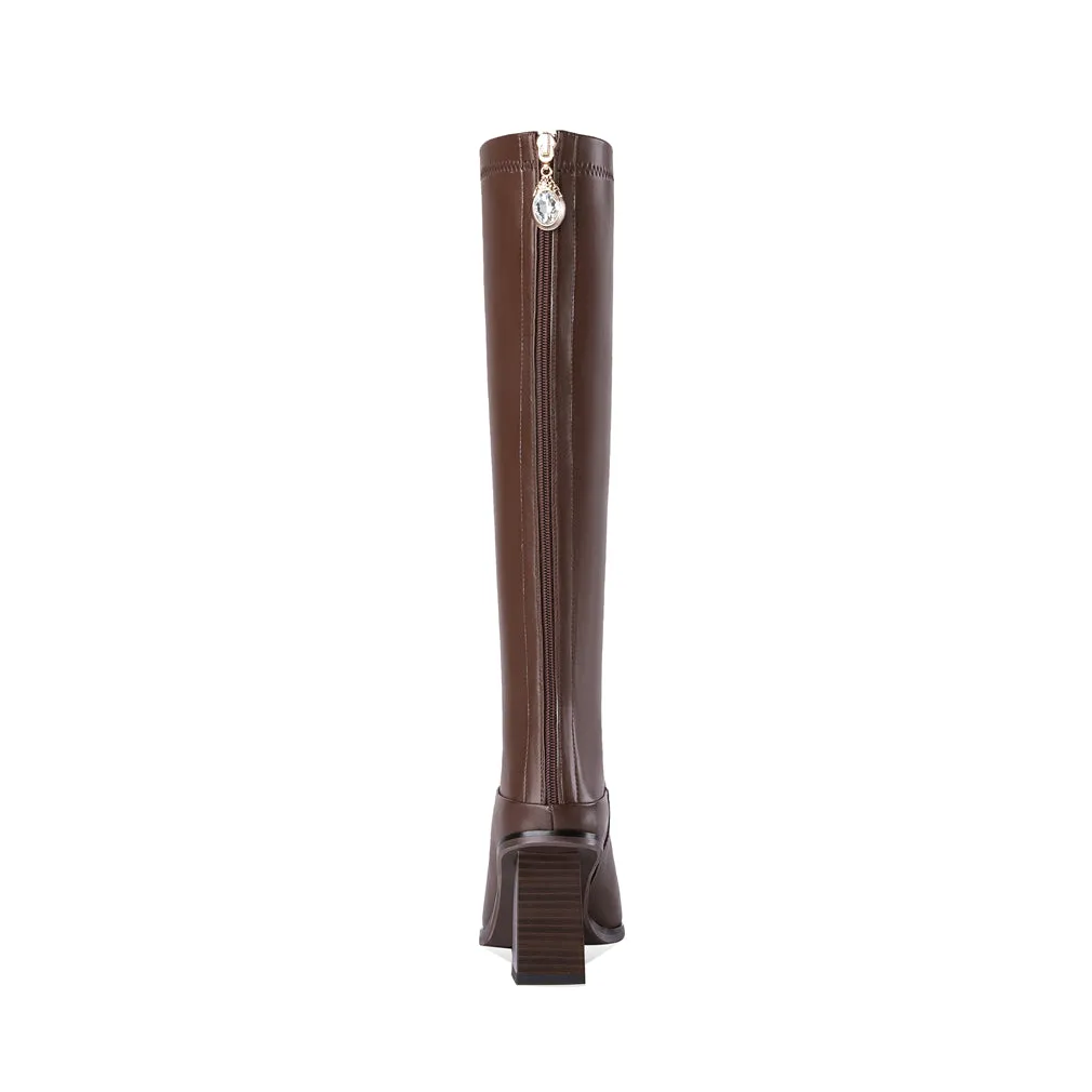 TinaCus Women's Handmade Genuine Leather Littele Square Toe Mid Block Heel Zip Up Knee High Boots with Exquisite Puller