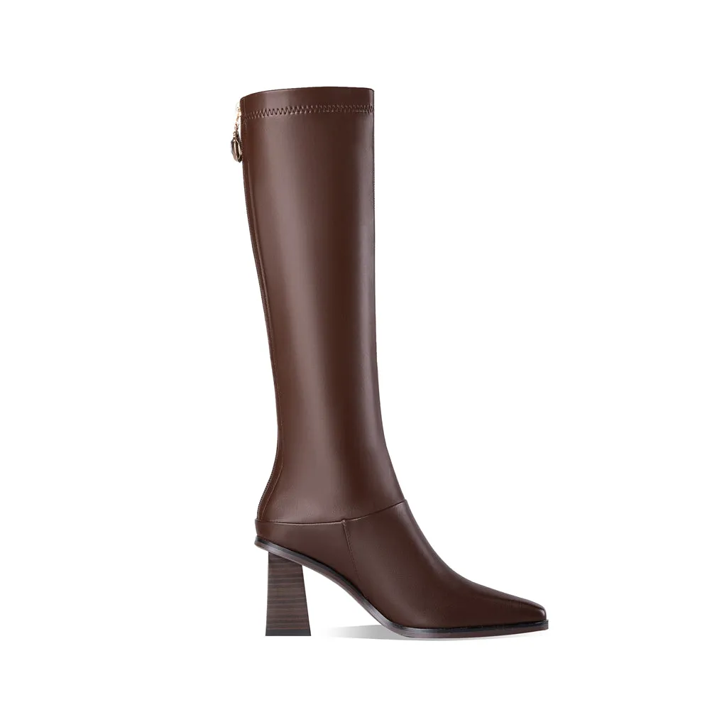 TinaCus Women's Handmade Genuine Leather Littele Square Toe Mid Block Heel Zip Up Knee High Boots with Exquisite Puller
