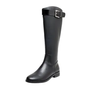 TinaCus Women's Handmade Genuine Leather Round Toe Low Block Heel Side Zip Up Patent Belt Decor Knee High Riding Boots